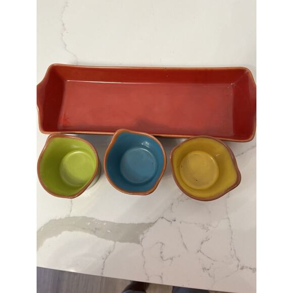 Pier One Terracotta Pottery Condiments Tray, 3 Bowls Hostess Gift, Occasions - Picture 1 of 9